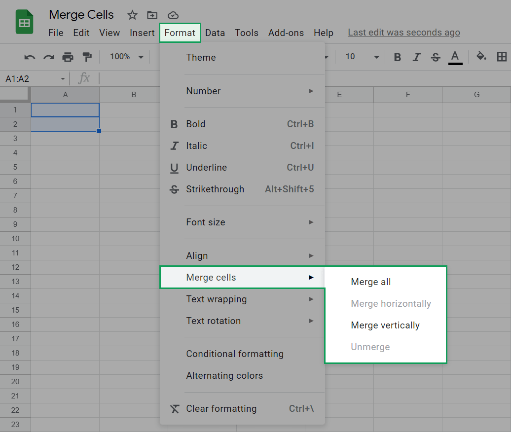 highlighting how to find the merge cells option in the format menu
