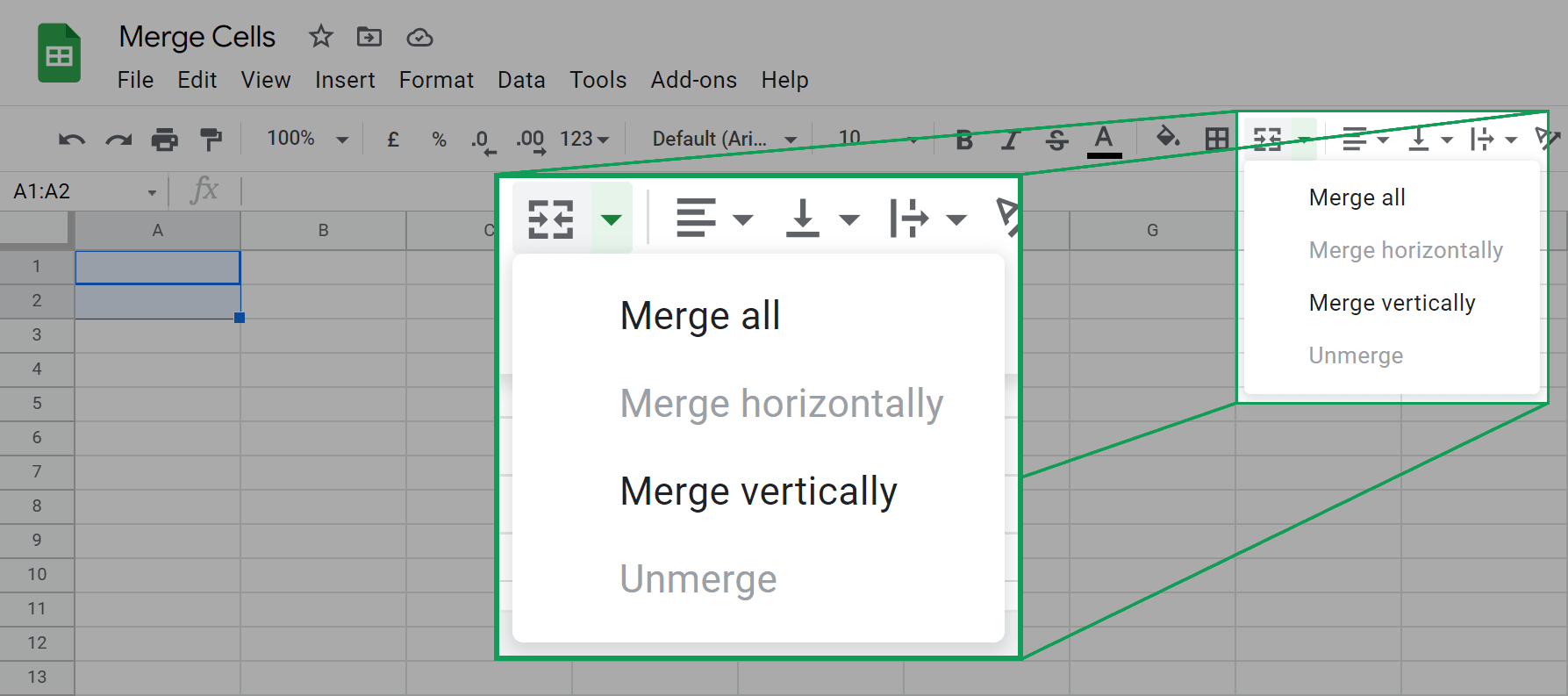 close up image of what the merge cells dropdown looks like in the google sheets toolbar