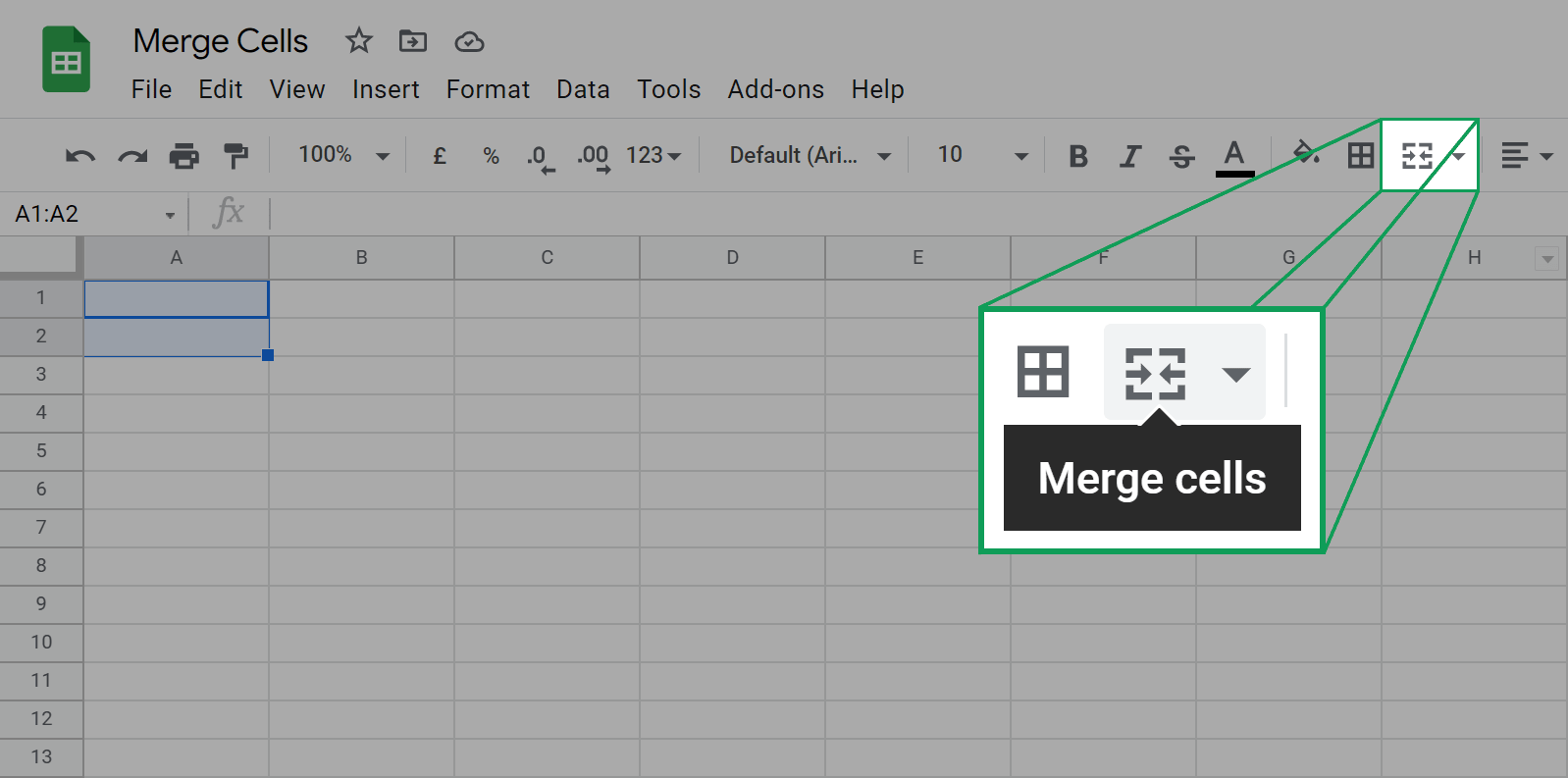 close up image of what the merge cells icon looks like in the google sheets toolbar