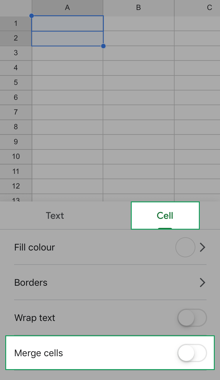 location of the merge cells option in the cell formatting menu in the google sheets iphone and ipad app