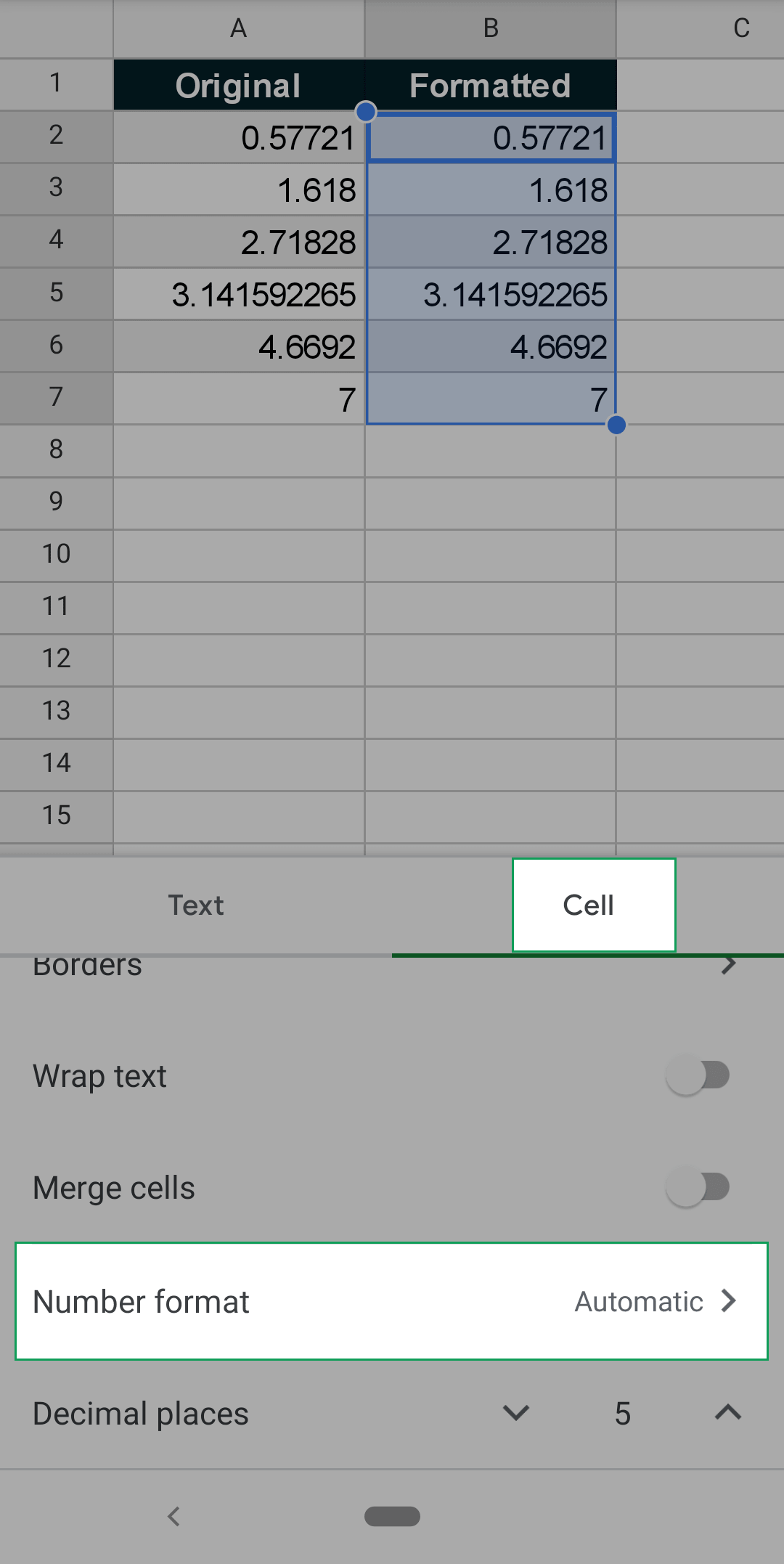 where to find the number formatting options in the google sheets android app