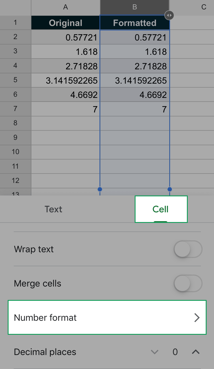 where to find the number formatting options in the google sheets iphone and ipad app