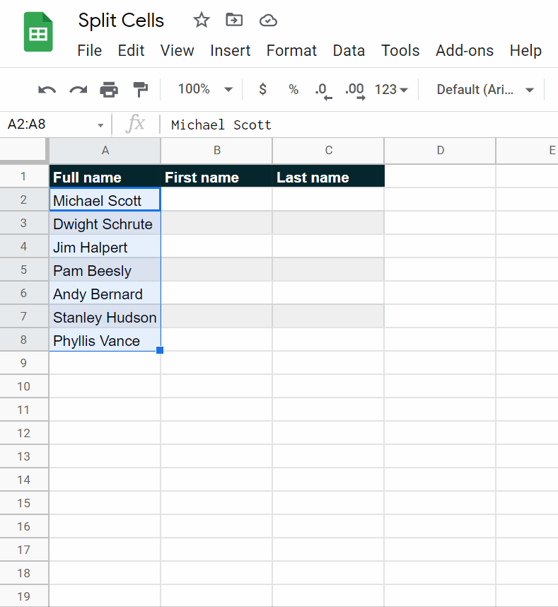 shows how to split text to columns when pasting data in google sheets