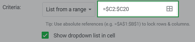 shows an edited range reference to make it relative instead of absolute