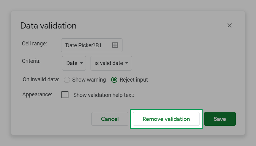 shows the location of the remove validation button in the data validation menu - it's in the bottom right hand corner