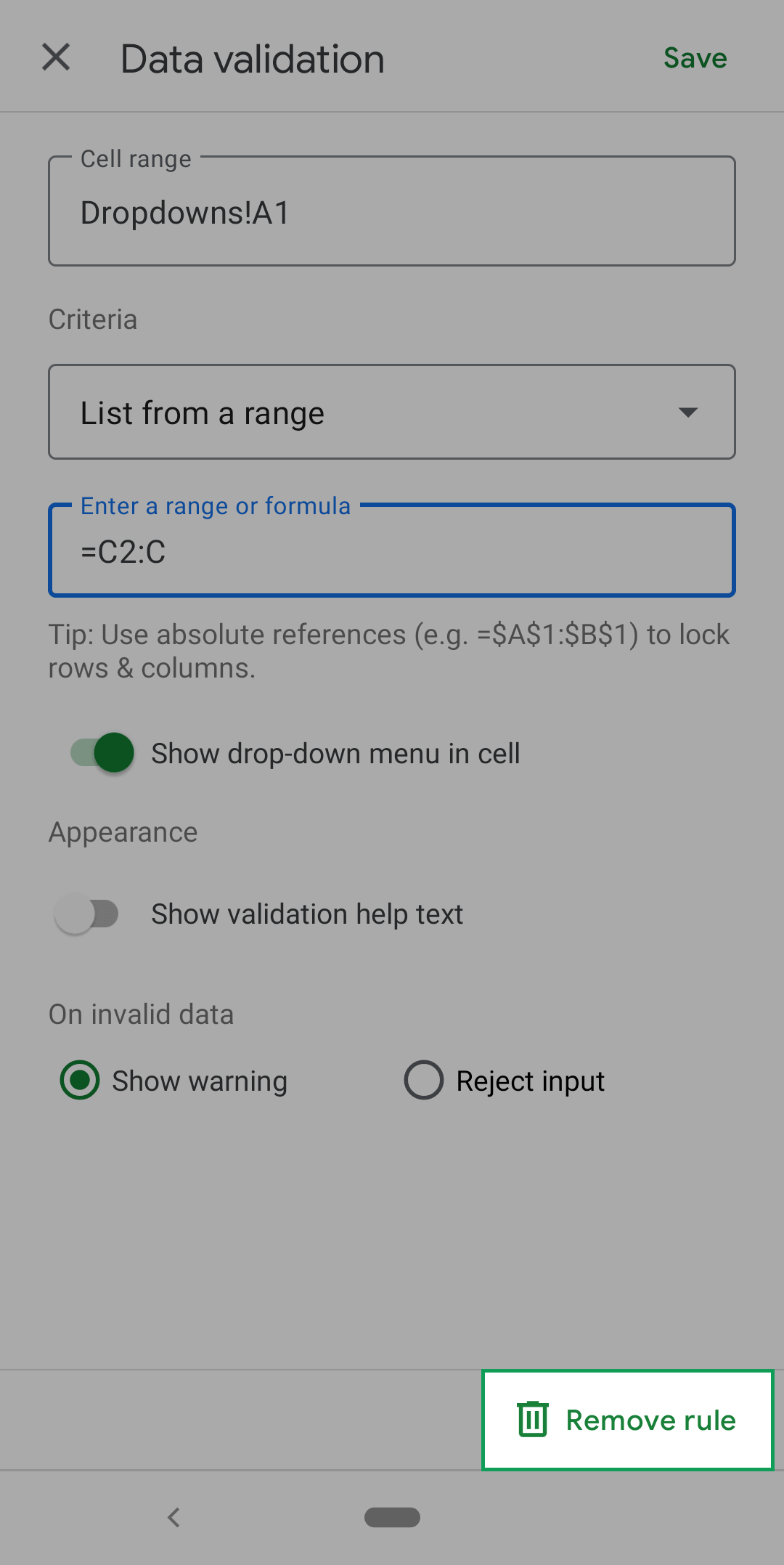 shows location of the remove rule button at the bottom of the screen in the data validation menu on android