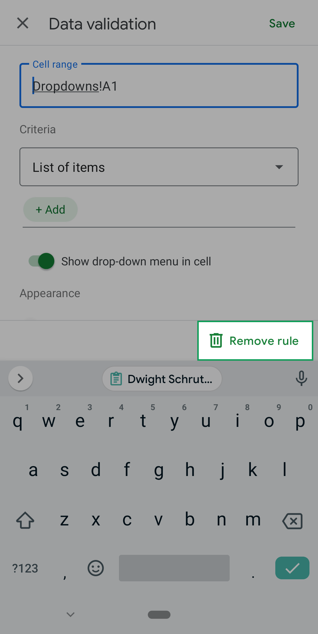shows location of the remove rule button above the keyboard in the data validation menu on android