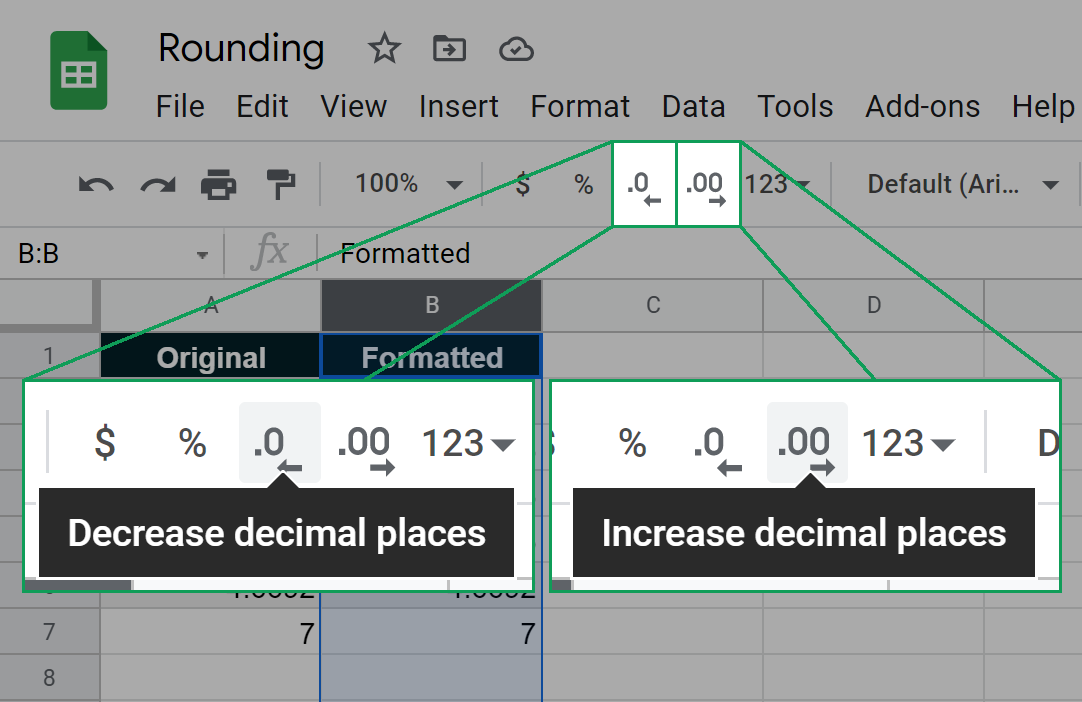 where to find the increase and decrease decimal places button in the google sheets toolbar