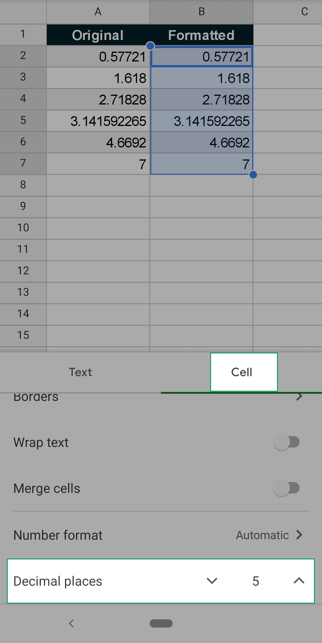 where to find the increase and decrease decimal places button in the google sheets android app