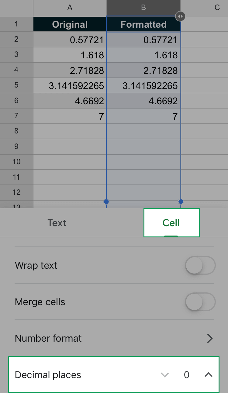 where to find the increase and decrease decimal places button in the google sheets iphone and ipad app