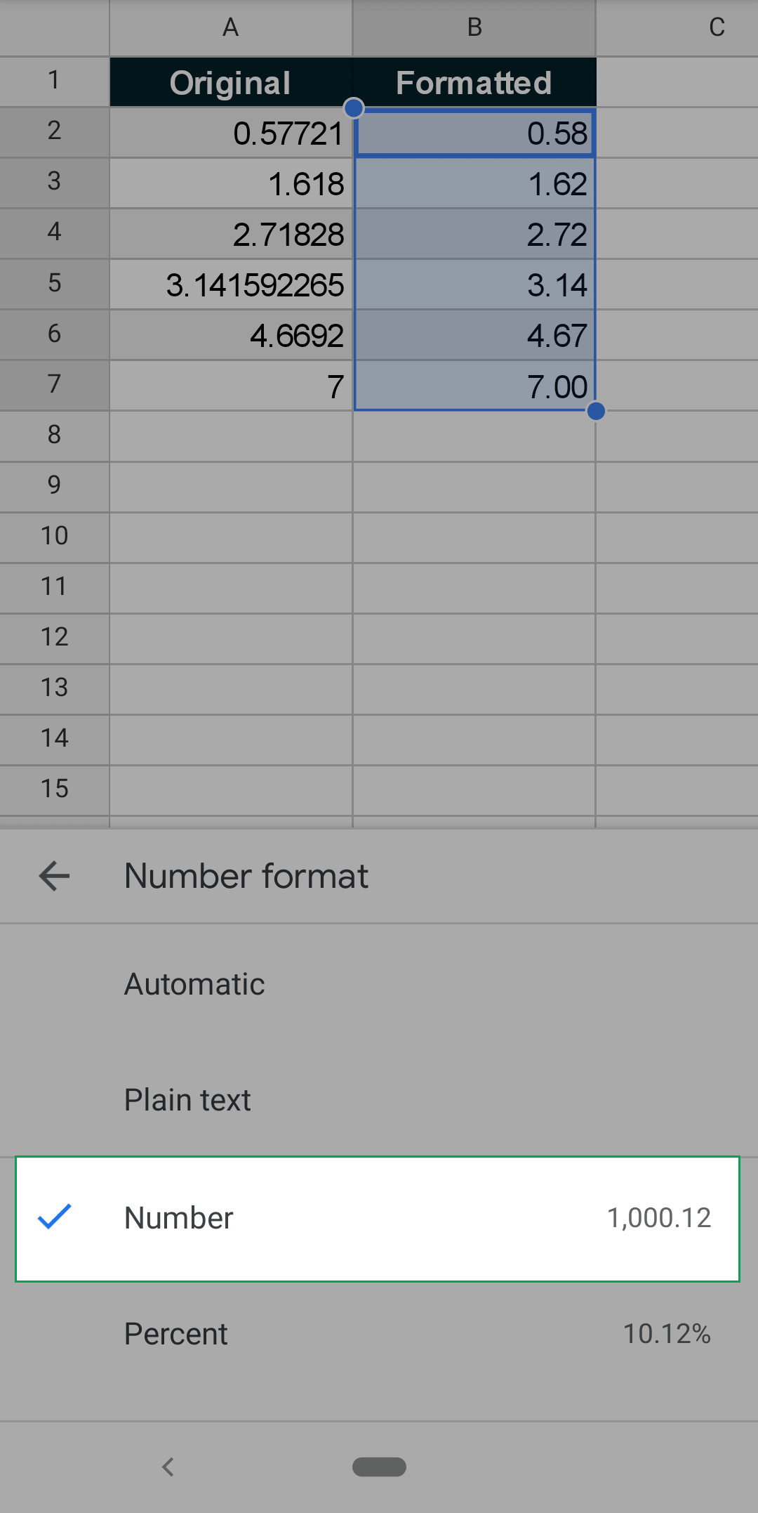 how to apply standard number formatting in the google sheets android app