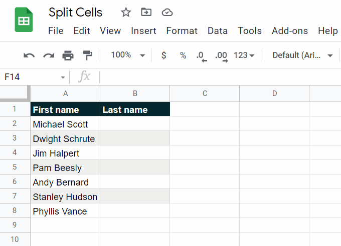 shows how to select data before using the split text to columns feature of google sheets