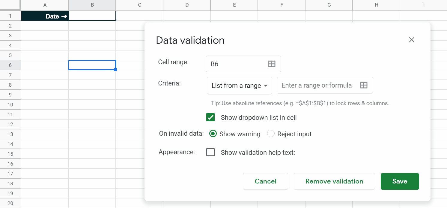 shows how to select a different cell range from the data validation menu by clicking on the window icon in the first text box