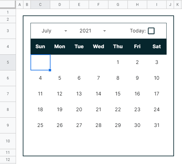 the completed single formula google sheets calendar (without conditional formatting)