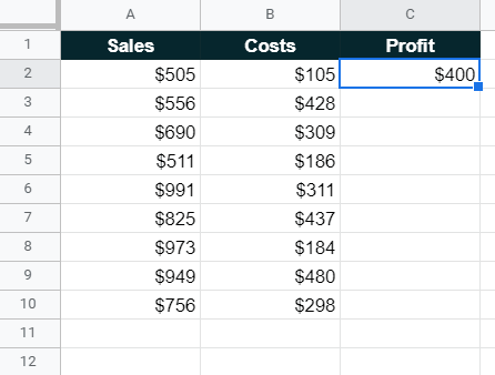 shows how to drag the fill handle to autofill a formula to however many rows you'd like