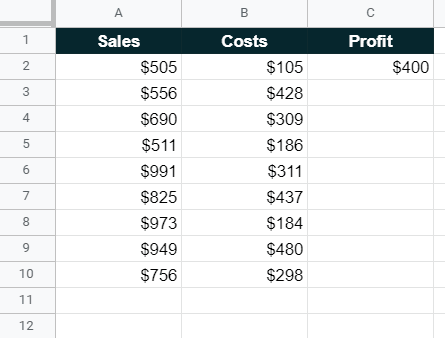 shows the process of filling a formula into a selection using a keyboard shortcut that essentially copies and pastes a formula for the top cell in the selection down a column as far as you have selected