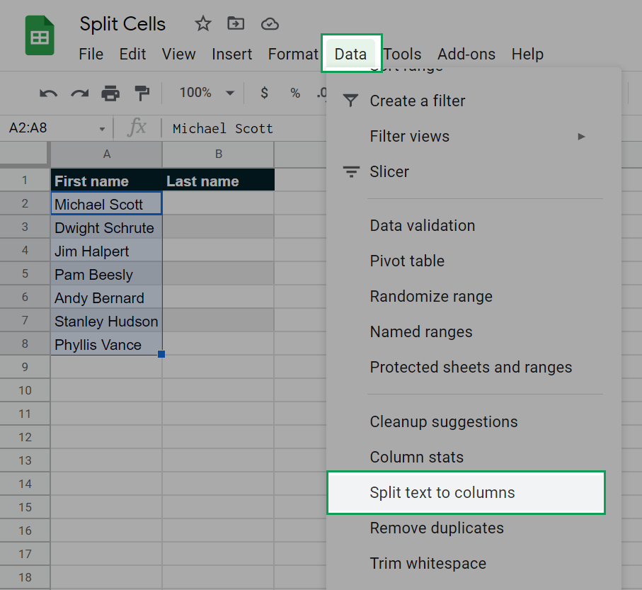 shows the location of the split text to columns feature of google sheets within the data dropdown of the main menu