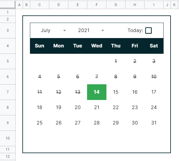 the single formula google sheets calendar with today's date highlighted and past dates with strikethrough text formatting using conditional formatting