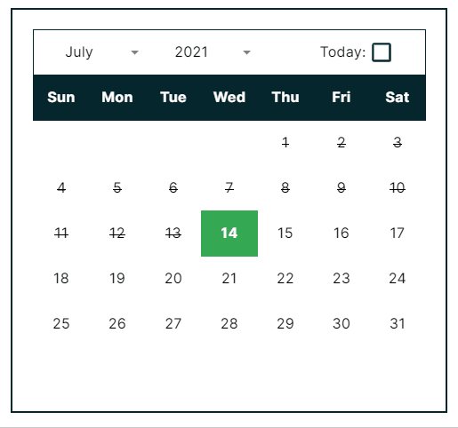 shows a user executing the underlying google apps script by checking the today checkbox and the calendar automatically returning to the current month in response