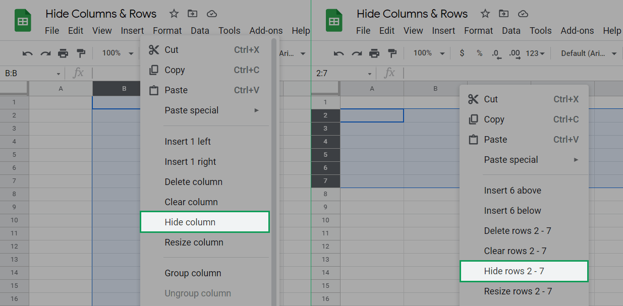 shows the location of the hide columns and rows buttons in the right click menu