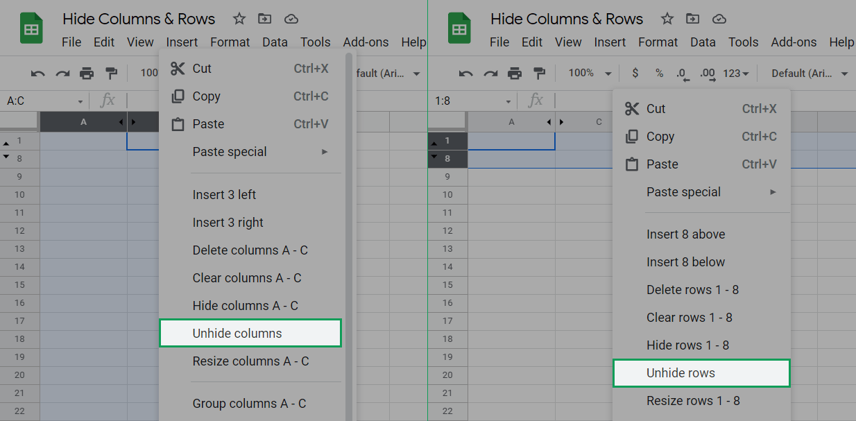 shows the location of the unhide columns and rows buttons in the right click menu