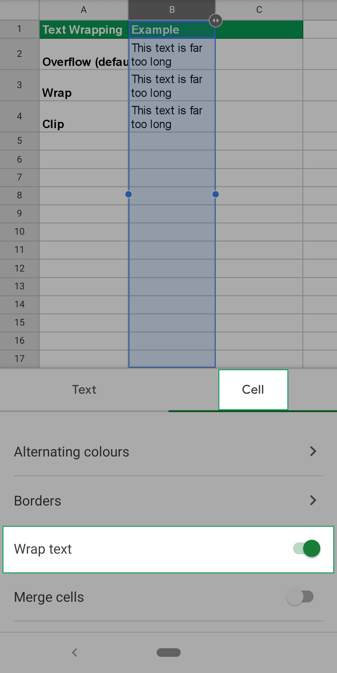 specific location of wrap text options in google sheets android mobile app 