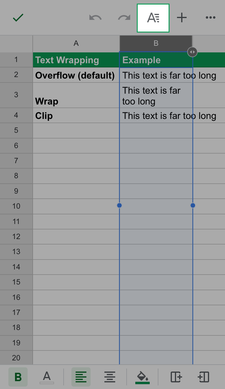location of text formatting option in google sheets iphone or ipad mobile app 