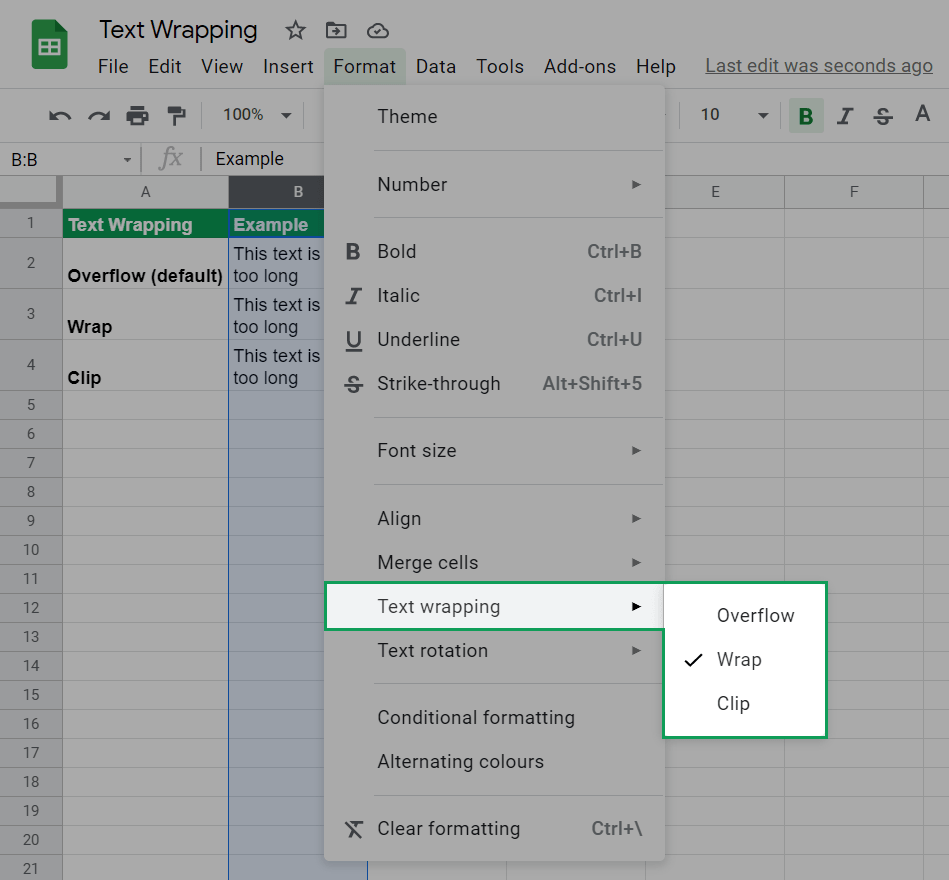 location of the text wrapping options in the format menu in google sheets