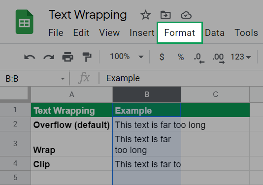 location of the format menu in google sheets