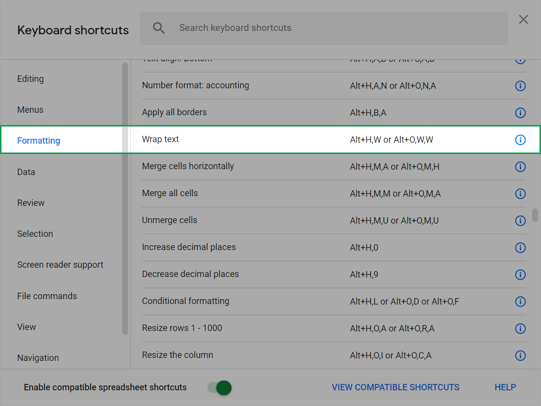 where to find wrap text keyboard shortcuts for google sheets