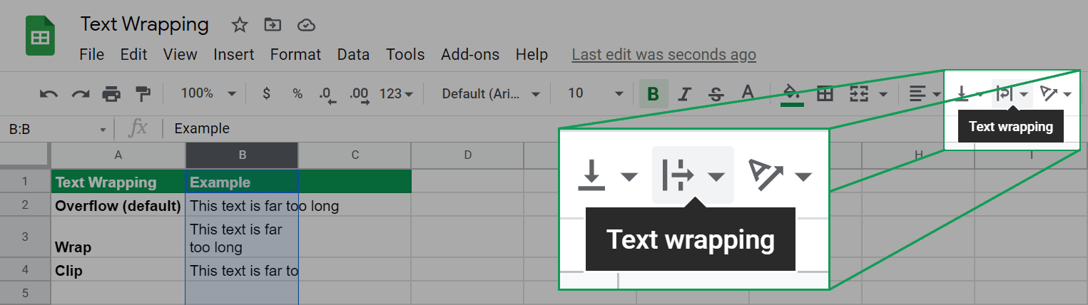highlights the location of the text wrapping options in the google sheets toolbar